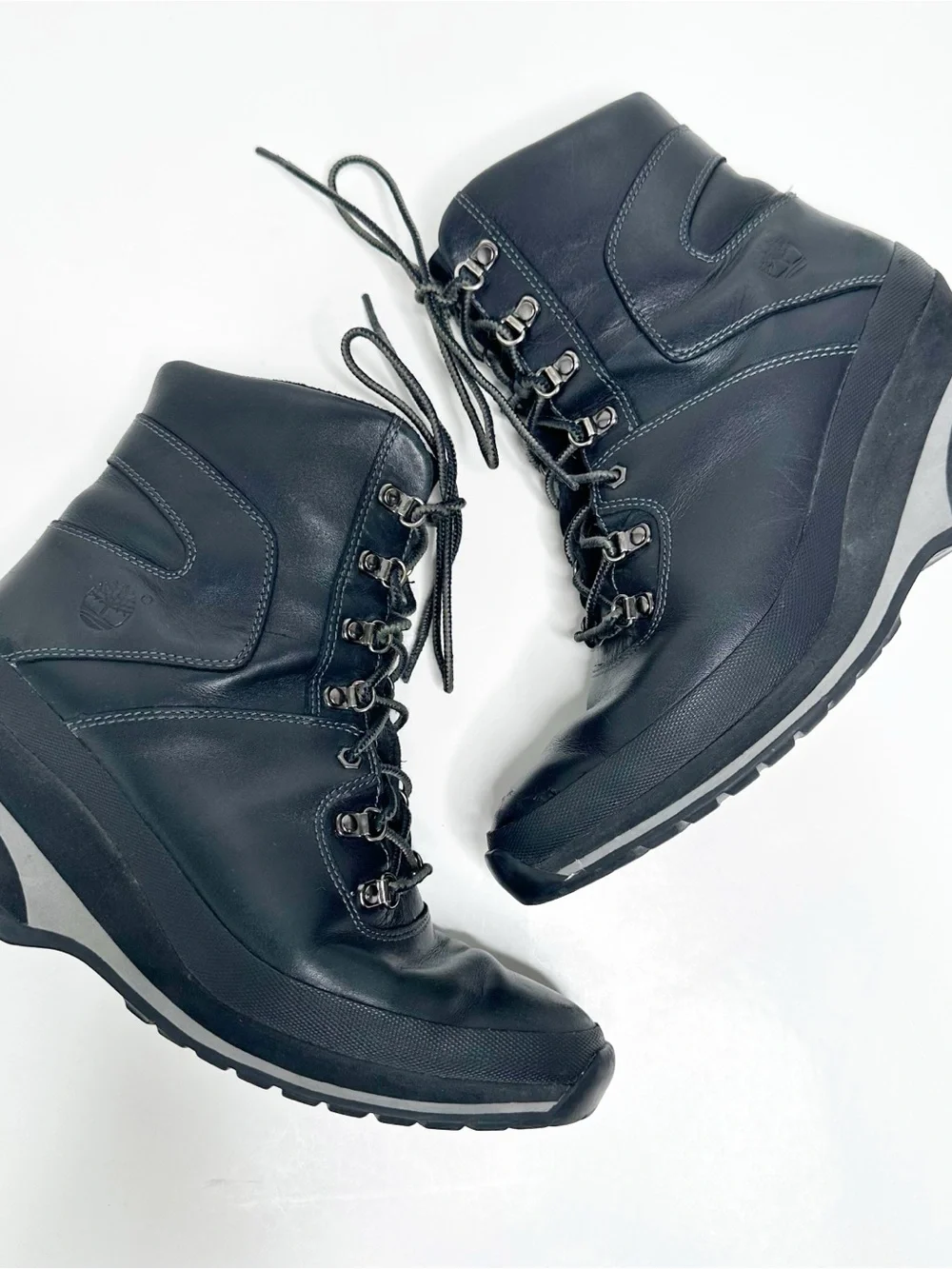 Timberland Black Leather Lace Up Wedge Heel Ankle Boots Womens Size 7 89395